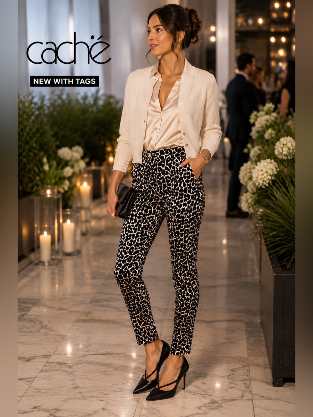 NWT, Cache Animal Print Acetate Ankle Pants,Ankle,Tapered, Sheen,Cocktail Size 6